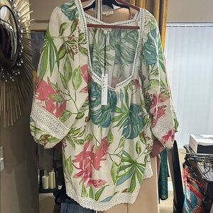 Nicole Miller Green and Pink Floral Blouse